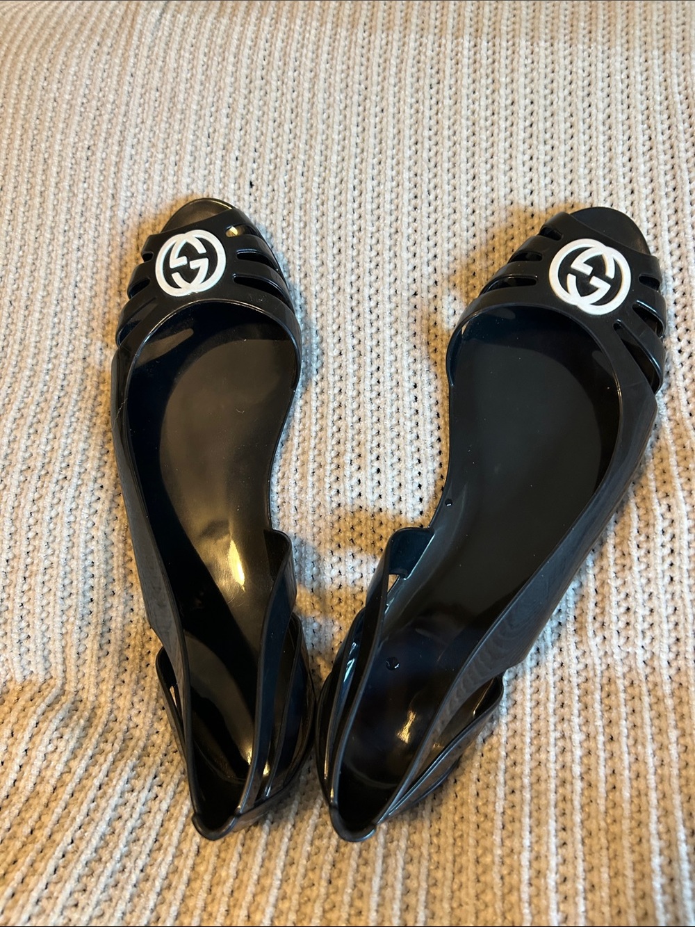 Gucci Black Jelly Peep-Toe Flats with White Logo